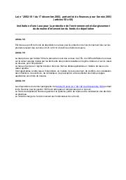 Loi n° 2002-101 du 17 décembre 2002 : Loi n° 2002-101 du 17 décembre 2002, portant loi de finances pour l'année 2003 (articles 58 à 60) Institution d'une taxe pour la protection de l'environnement et élargissement du domaine d'intervention du fonds de dépollution | 