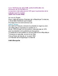 Loi n° 80-56 du 1er août 1980 : Loi n° 80-56 du 1er août 1980, portant ratification du protocole de 1978 relatif à la convention internationale de 1973 pour la prévention de la pollution par les navires (JORT du 12 août 1980) | 